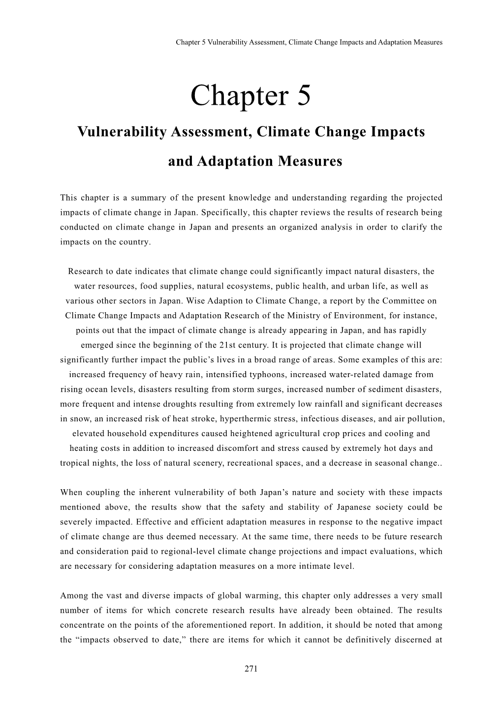 Vulnerability Assessment, Climate Change Impacts and Adaptation Measures