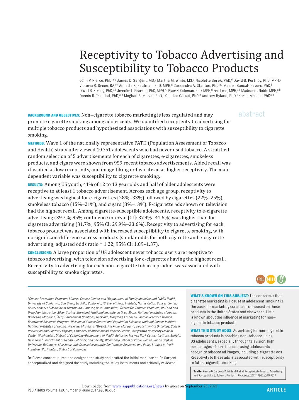 Receptivity to Tobacco Advertising and Susceptibility to Tobacco Products