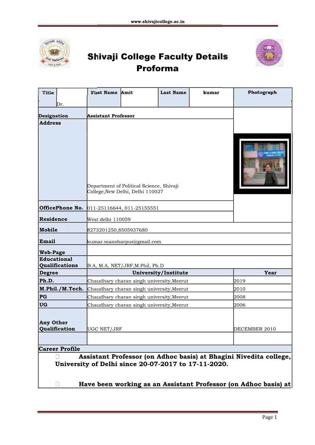 Shivaji College Faculty Details Proforma