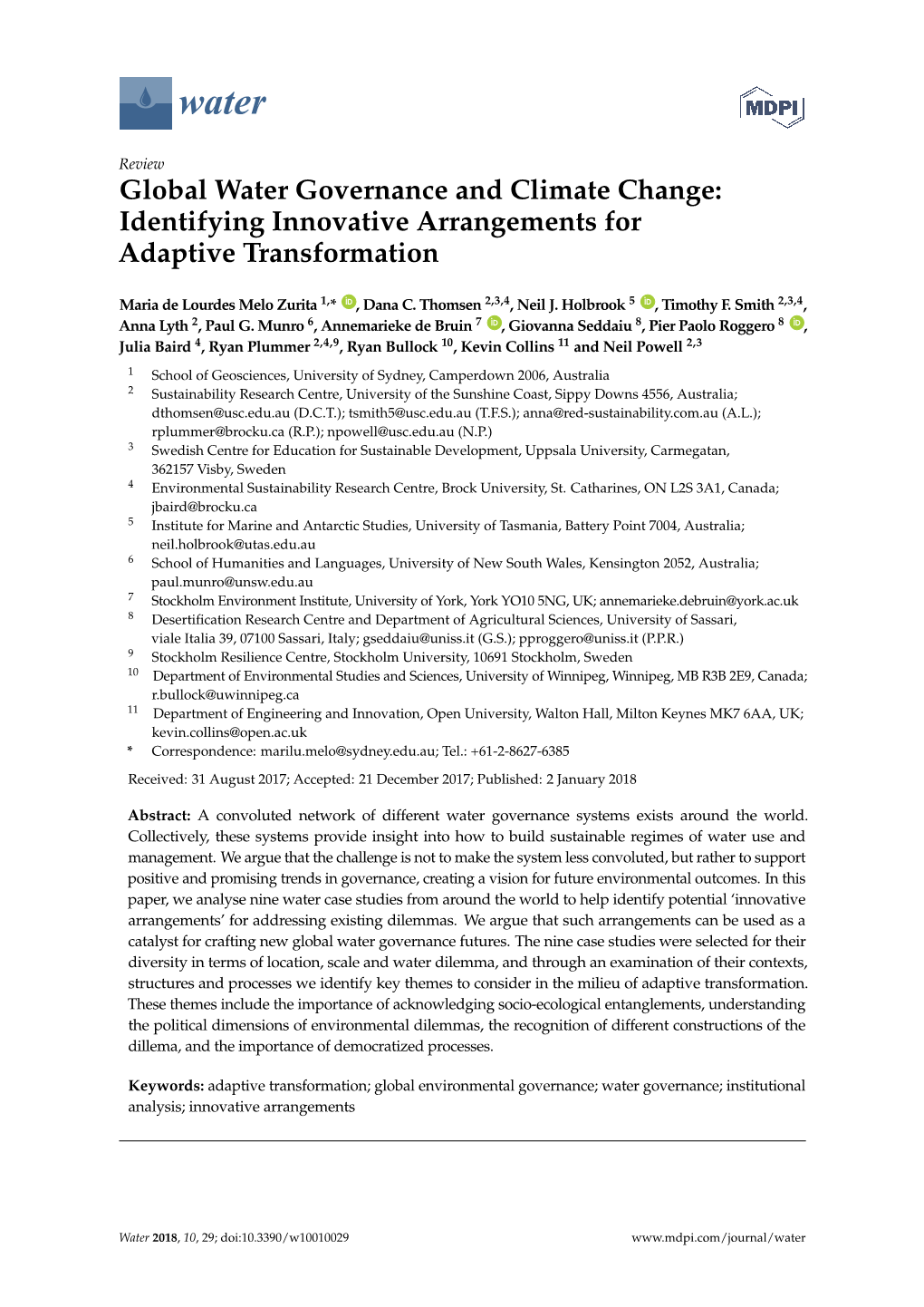 Global Water Governance and Climate Change: Identifying Innovative Arrangements for Adaptive Transformation