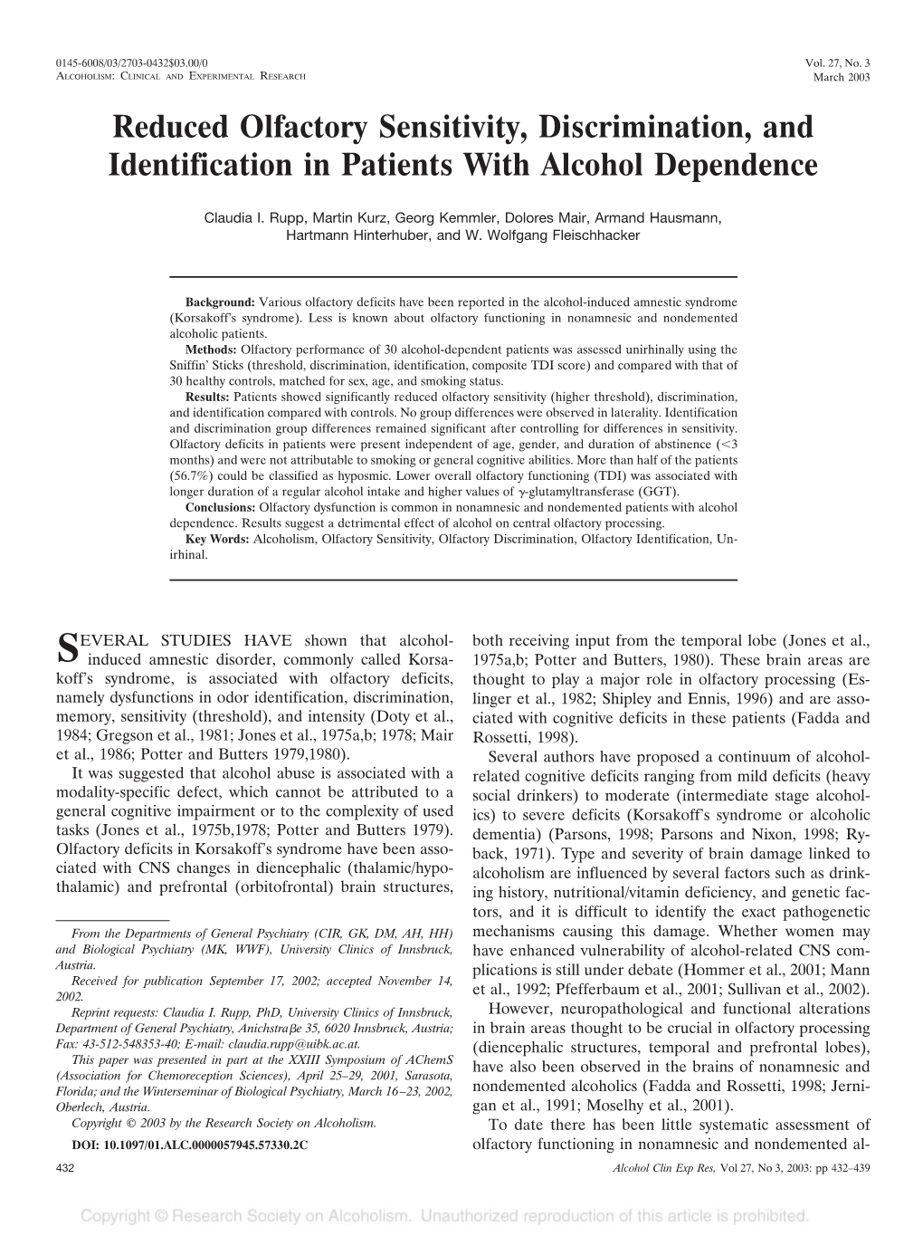 Reduced Olfactory Sensitivity, Discrimination, and Identification in Patients with Alcohol Dependence