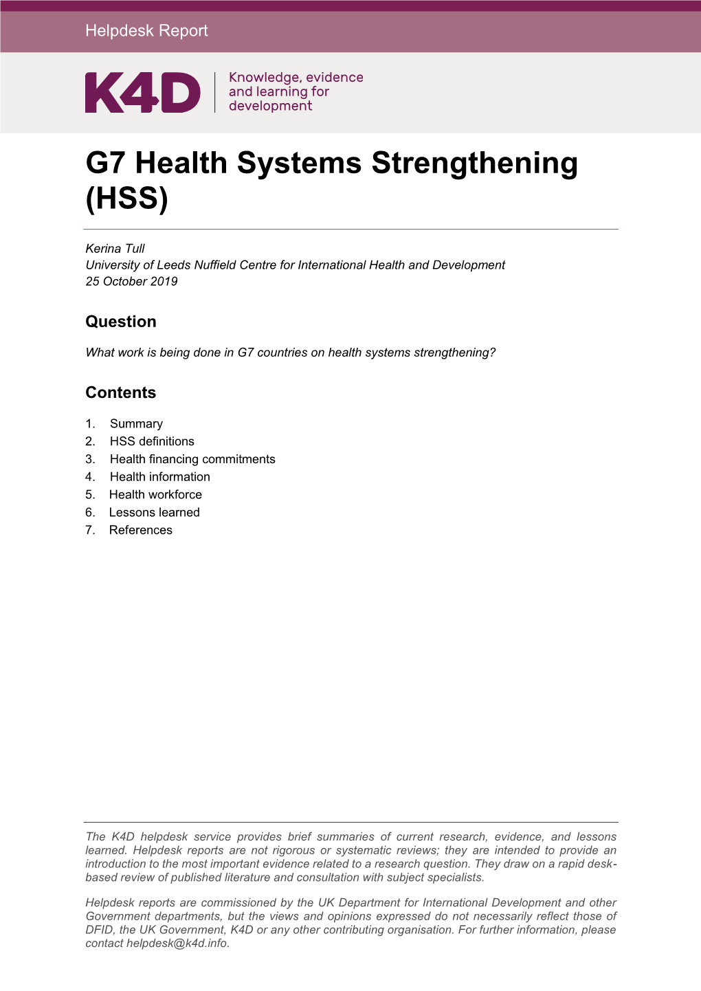 G7 Health Systems Strengthening (HSS)