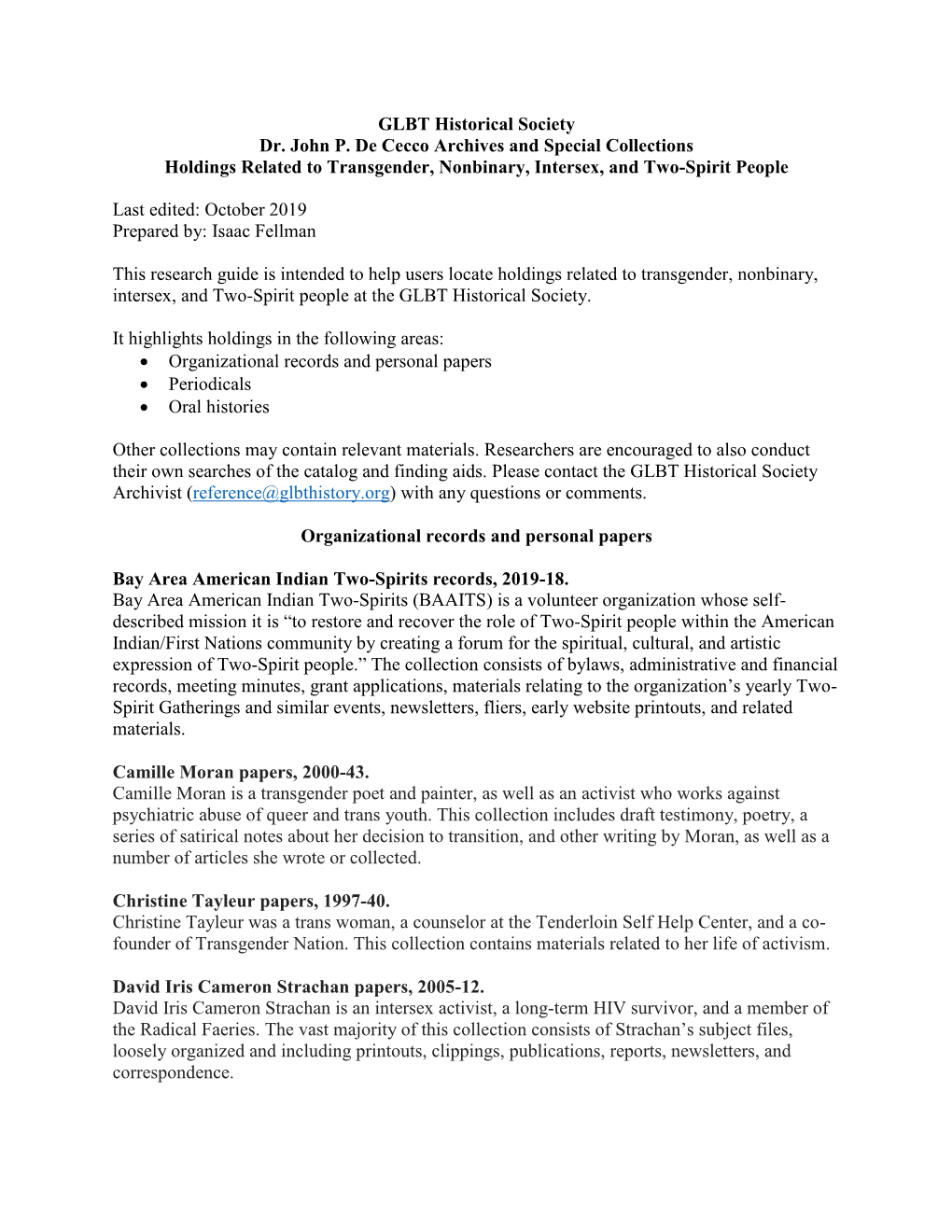 GLBT Historical Society Dr. John P. De Cecco Archives and Special Collections Holdings Related to Transgender, Nonbinary, Intersex, and Two-Spirit People