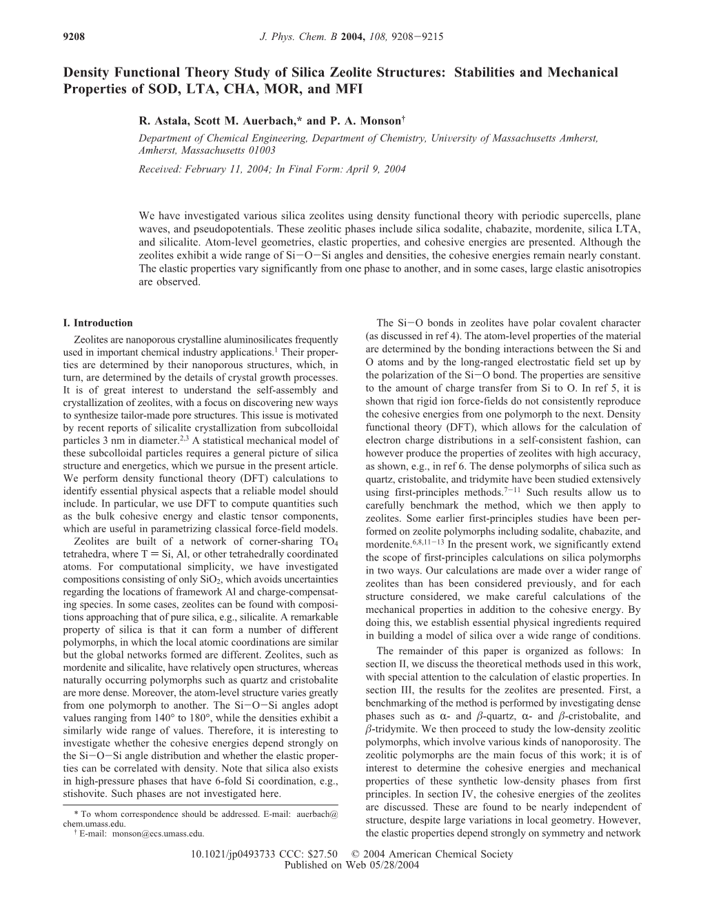 Density Functional Theory Study of Silica Zeolite Structures: Stabilities and Mechanical Properties of SOD, LTA, CHA, MOR, and MFI