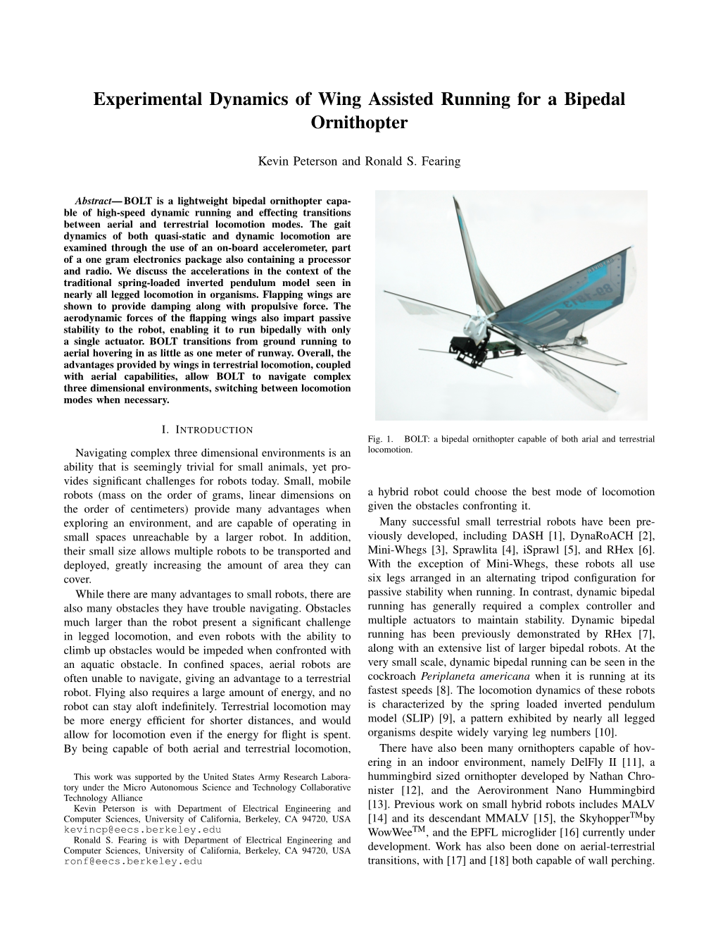 Experimental Dynamics of Wing Assisted Running for a Bipedal Ornithopter