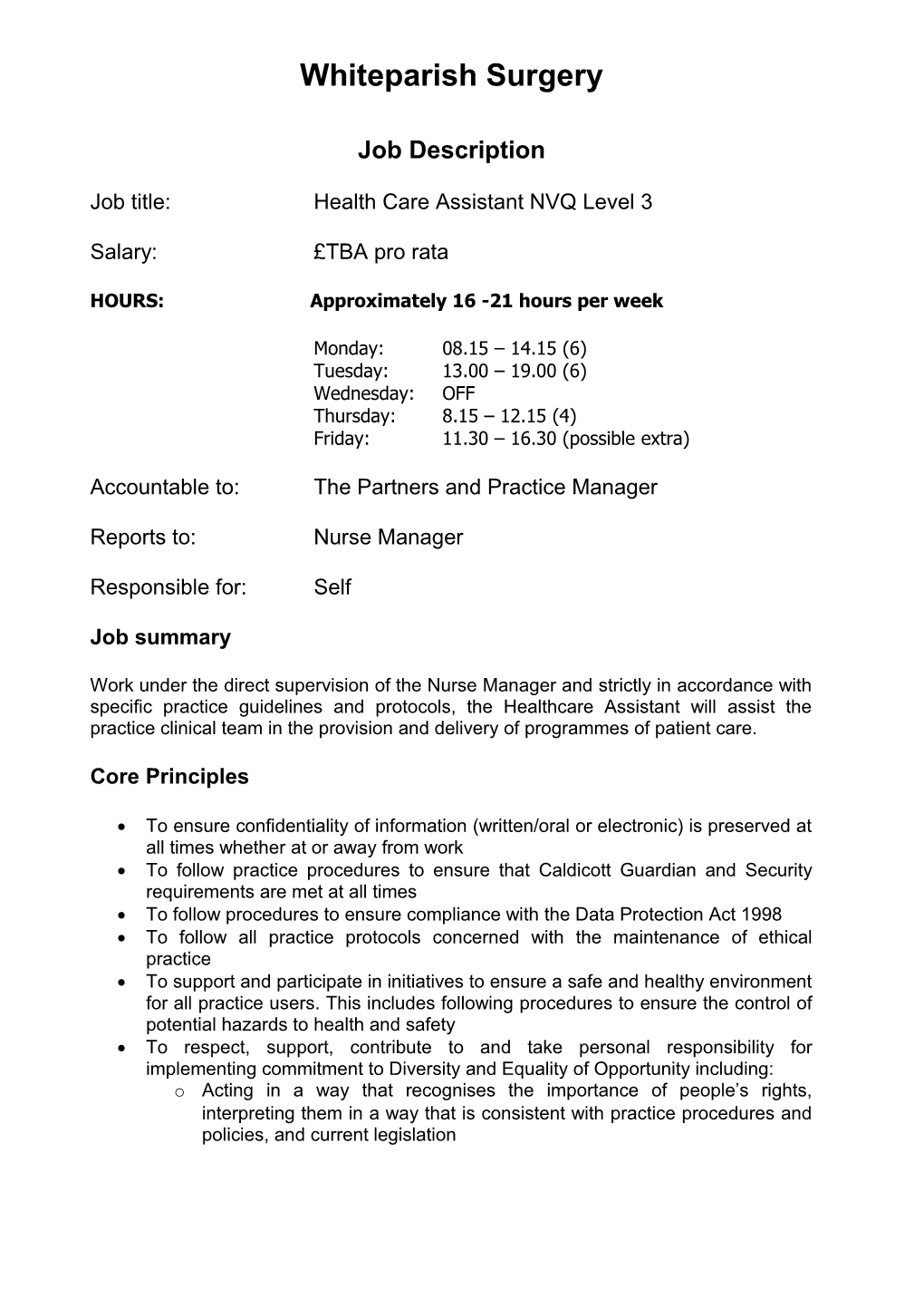 Job Title: Health Care Assistant NVQ Level 3