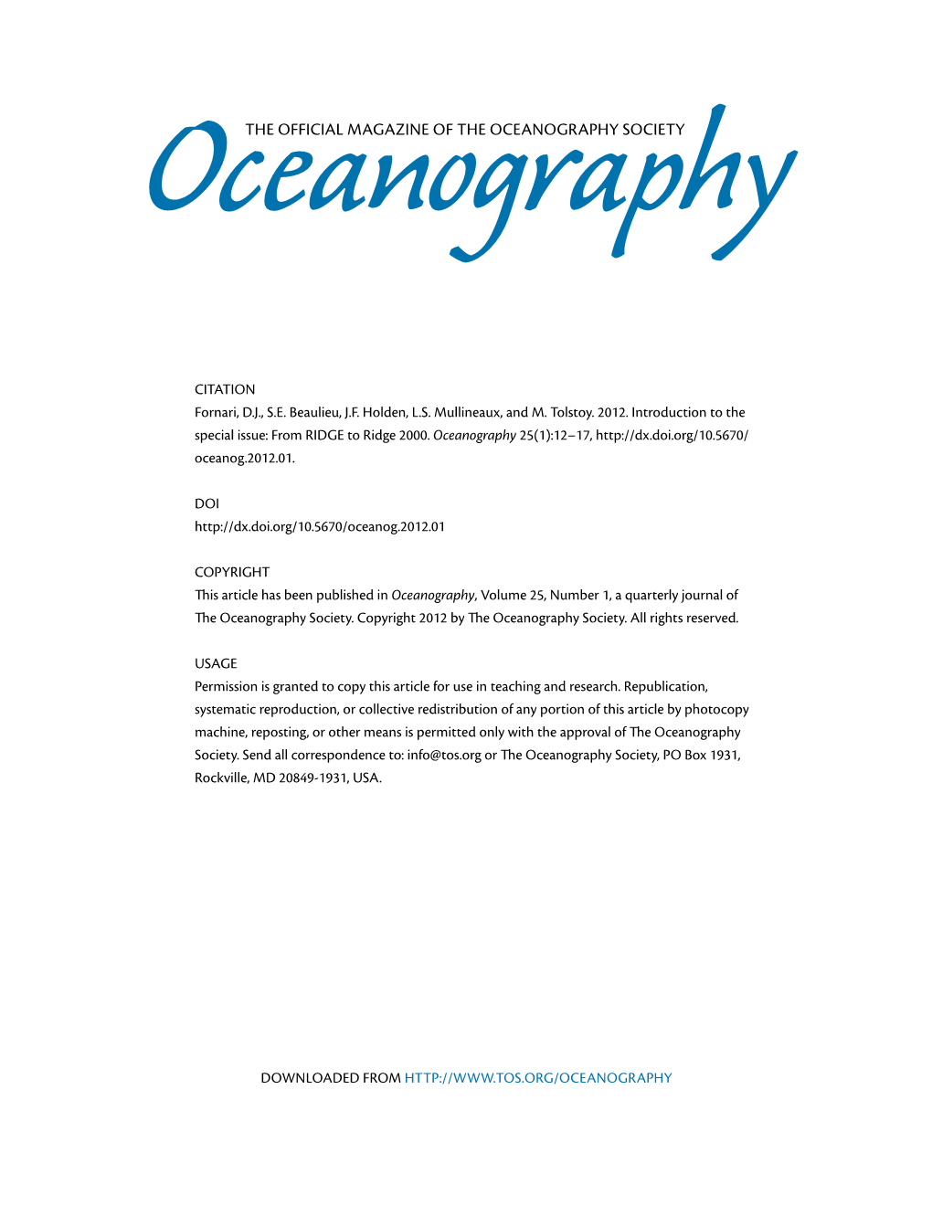 THE OFFICIAL Magazine of the OCEANOGRAPHY SOCIETY