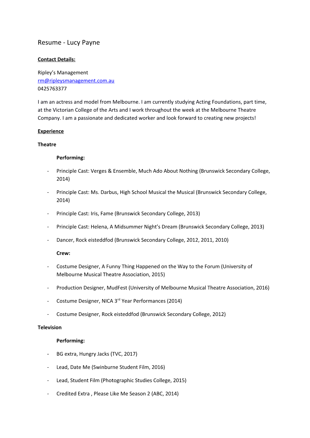 Resume - Lucy Payne Contact Details