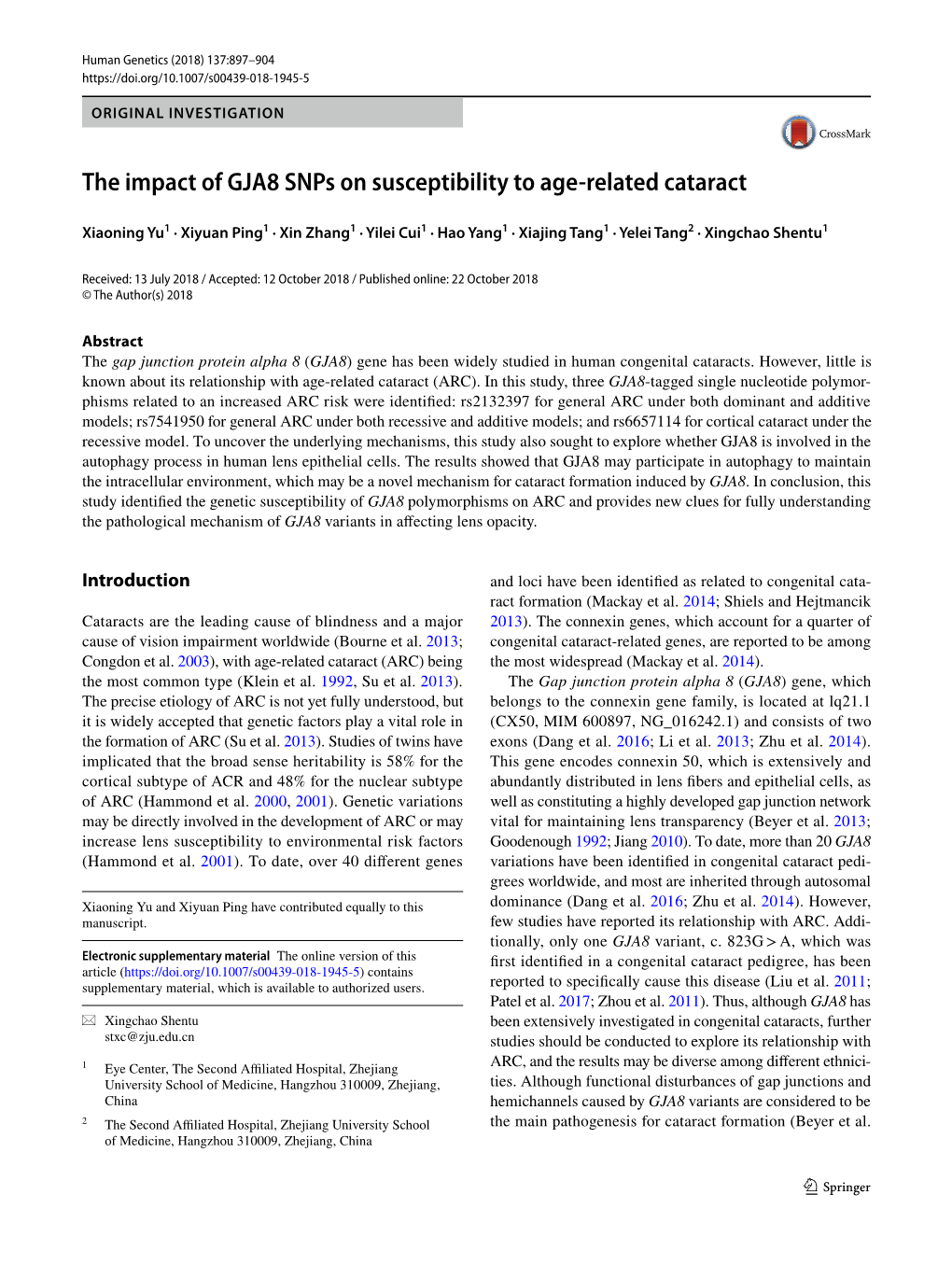 The Impact of GJA8 Snps on Susceptibility to Age-Related Cataract