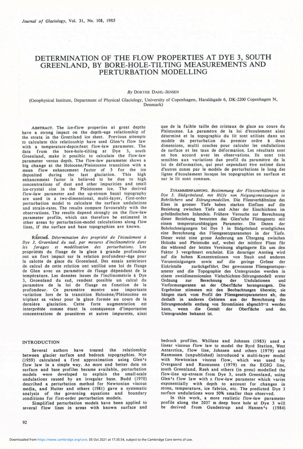 Determination of the Flow Properties at Dye 3, South Greenland, by Bore-Hole-Tilting Measurements and Perturbation Modelling