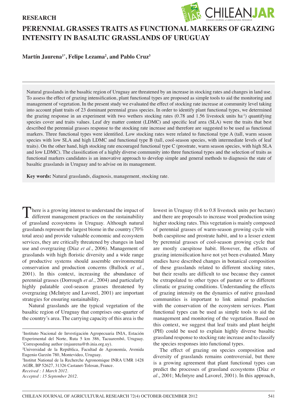 Perennial Grasses Traits As Functional Markers of Grazing Intensity in Basaltic Grasslands of Uruguay