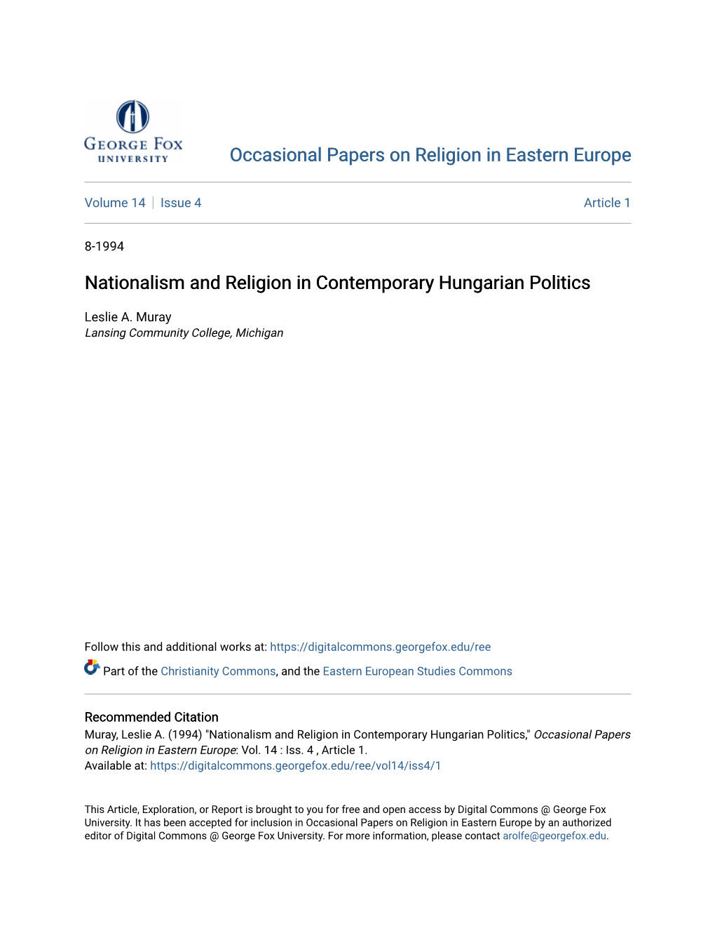 Nationalism and Religion in Contemporary Hungarian Politics