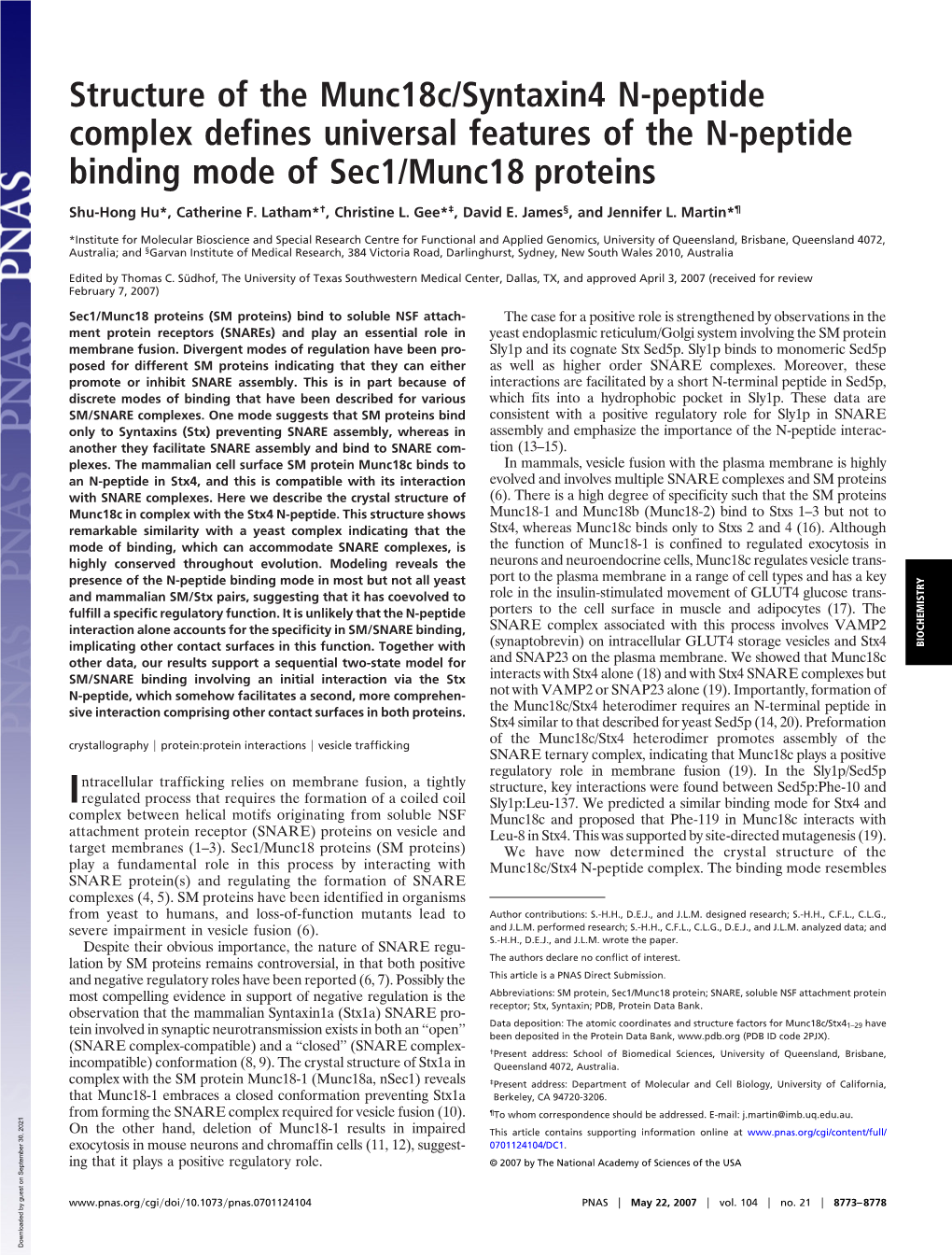 Structure of the Munc18c/Syntaxin4 N-Peptide Complex Defines Universal Features of the N-Peptide Binding Mode of Sec1/Munc18 Proteins