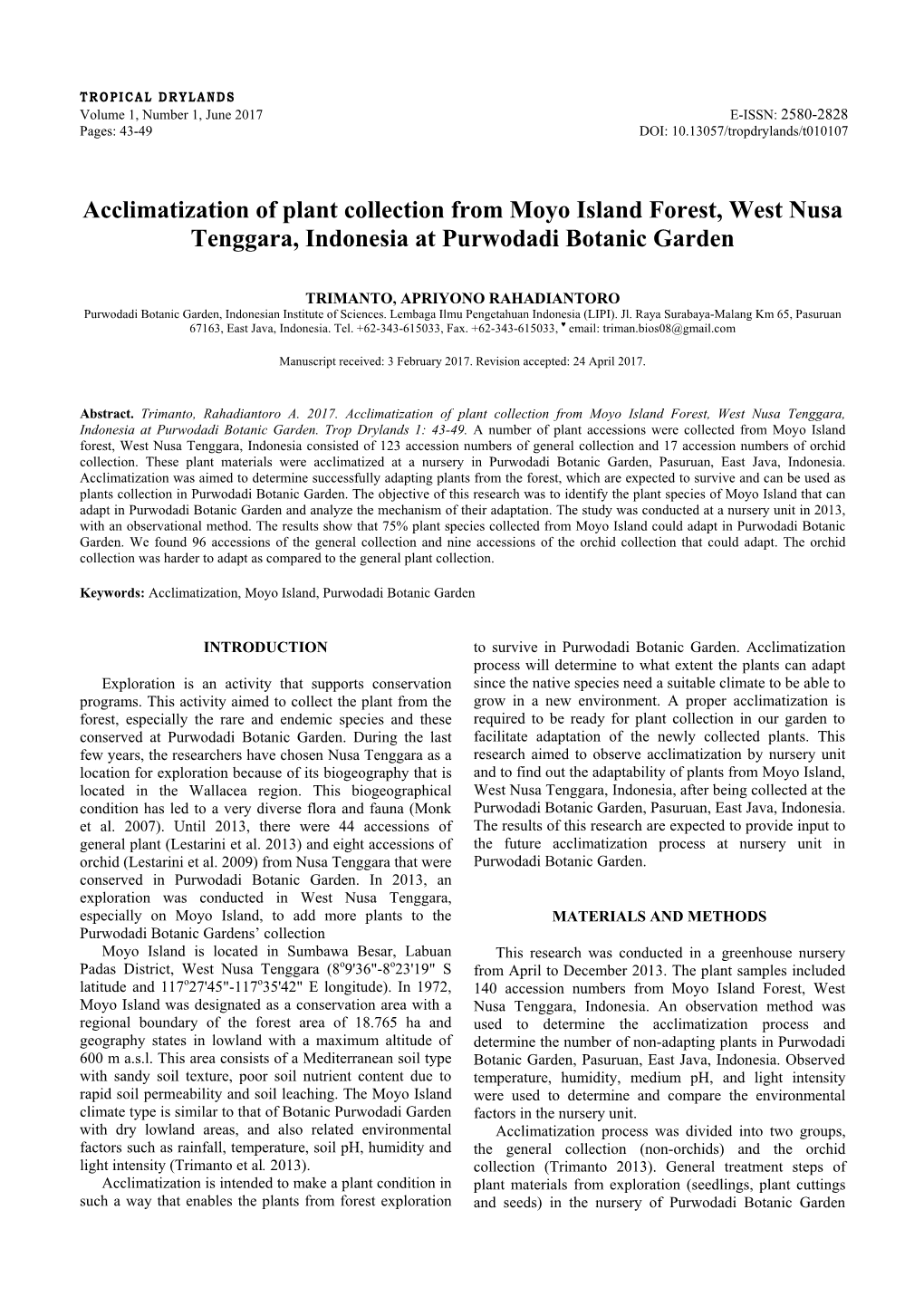 Acclimatization of Plant Collection from Moyo Island Forest, West Nusa Tenggara, Indonesia at Purwodadi Botanic Garden