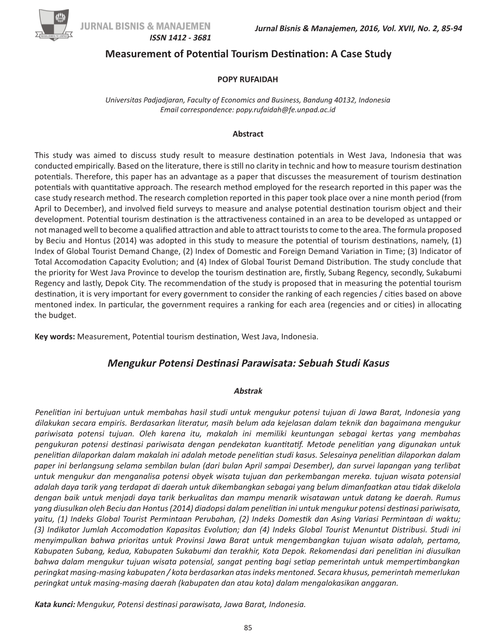 Measurement of Potential Tourism Destination: a Case Study