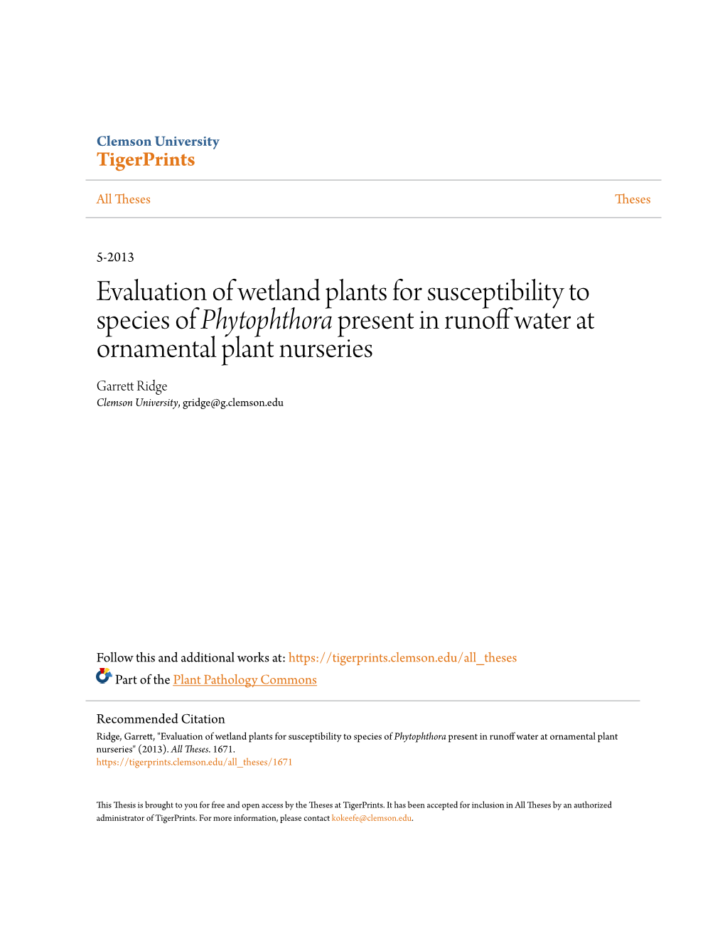 Evaluation of Wetland Plants for Susceptibility To