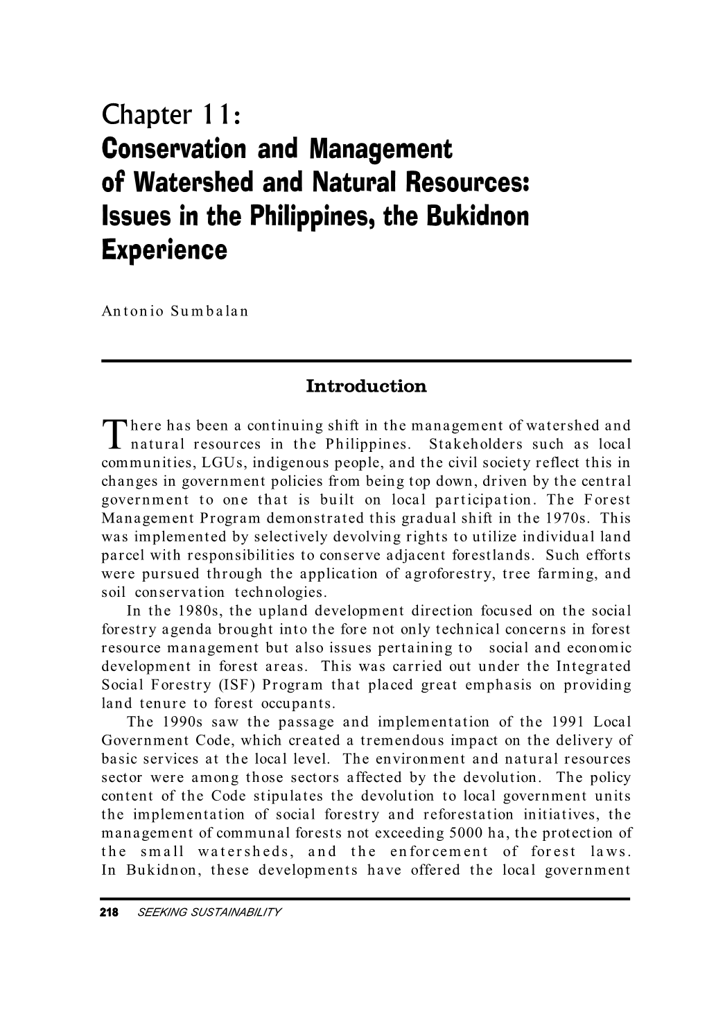 Chapter 11: Conservation and Management of Watershed and Natural Resources: Issues in the Philippines, the Bukidnon Experience