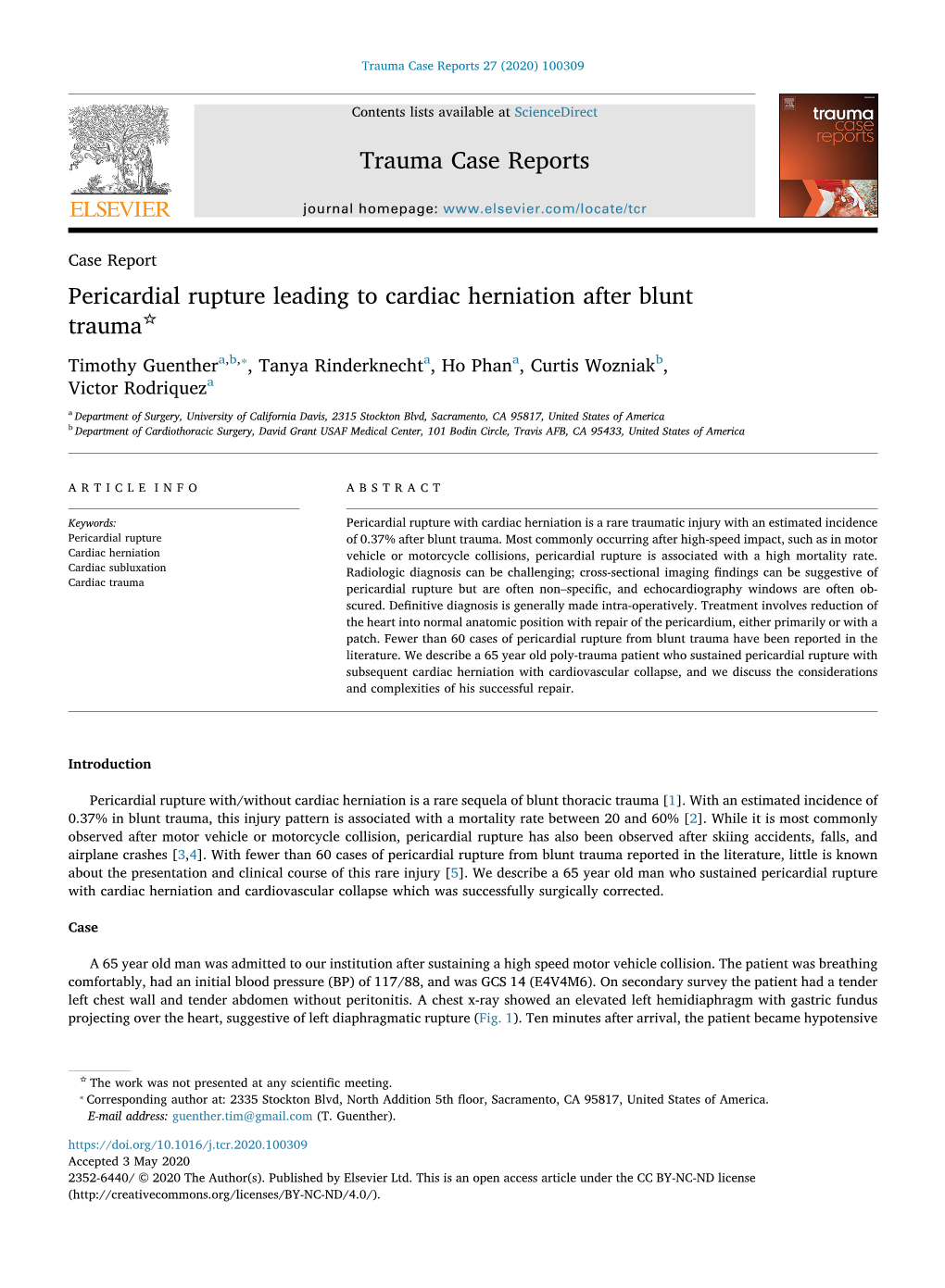 Pericardial Rupture Leading to Cardiac Herniation After Blunt Trauma