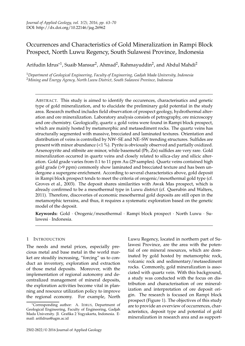 Occurrences and Characteristics of Gold Mineralization in Rampi Block Prospect, North Luwu Regency, South Sulawesi Province, Indonesia