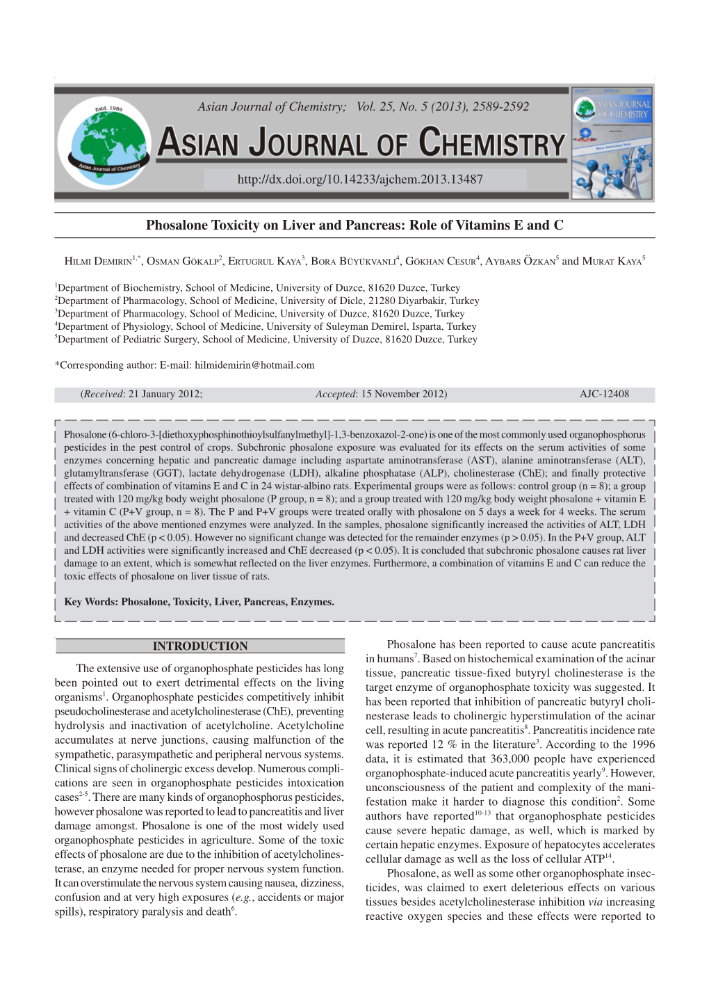 Phosalone Toxicity on Liver and Pancreas: Role of Vitamins E and C