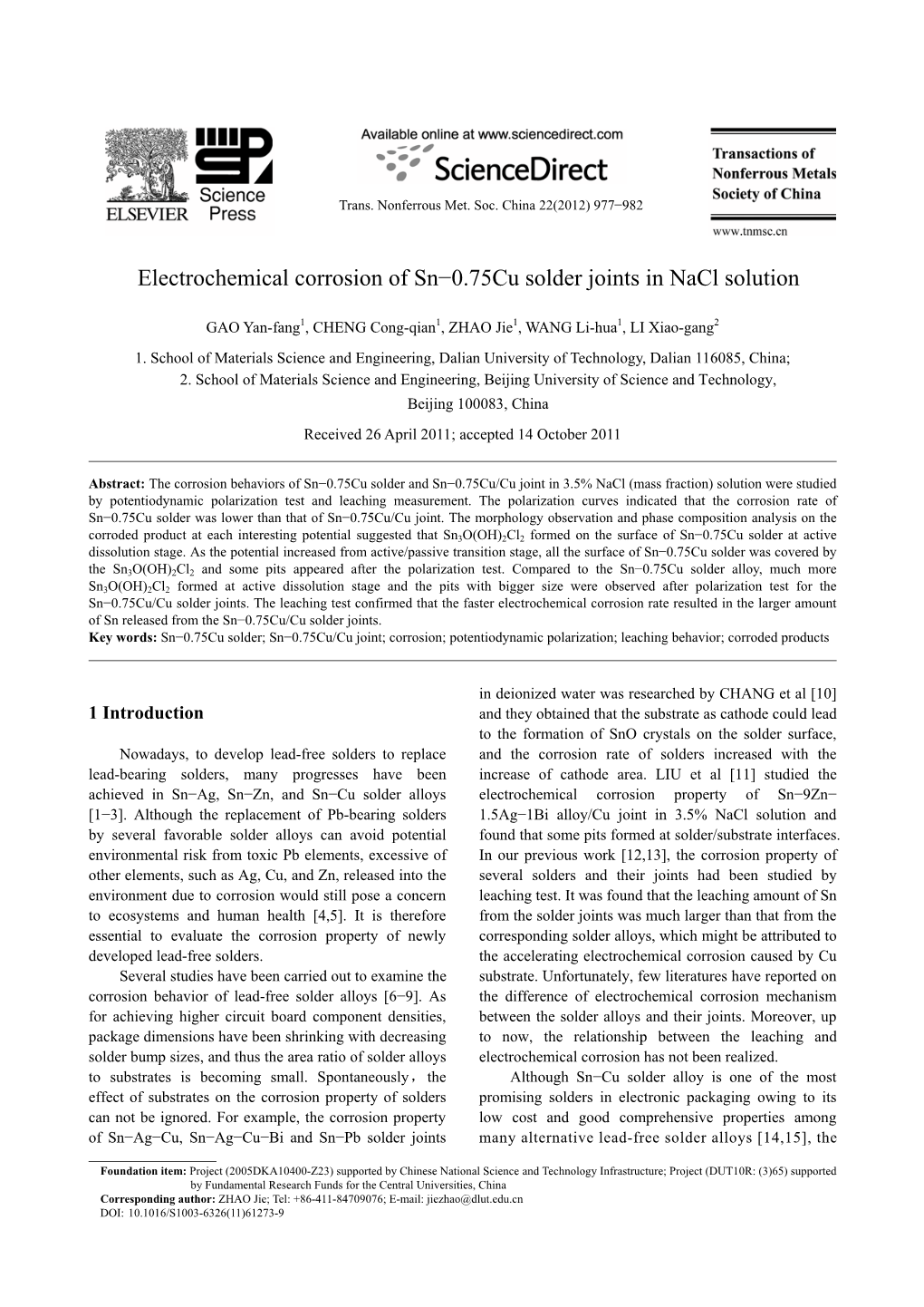 Electrochemical Corrosion of Sn−0.75Cu Solder Joints in Nacl Solution