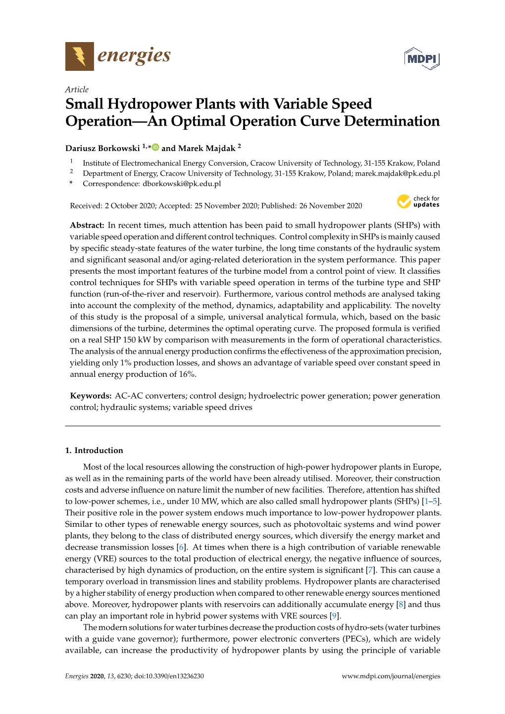 Small Hydropower Plants with Variable Speed Operation—An Optimal Operation Curve Determination