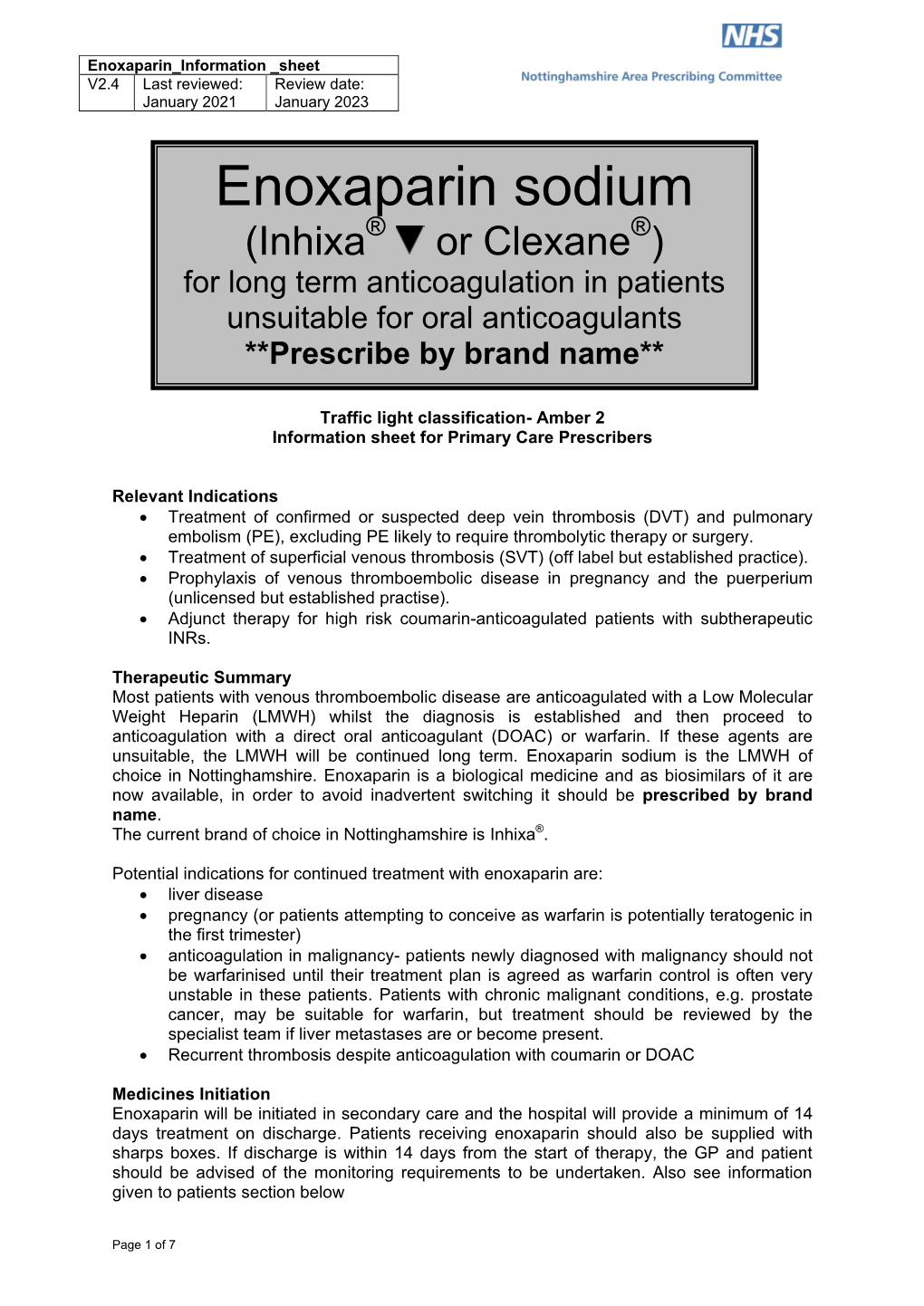 Enoxaparin Prescribing Information Sheet