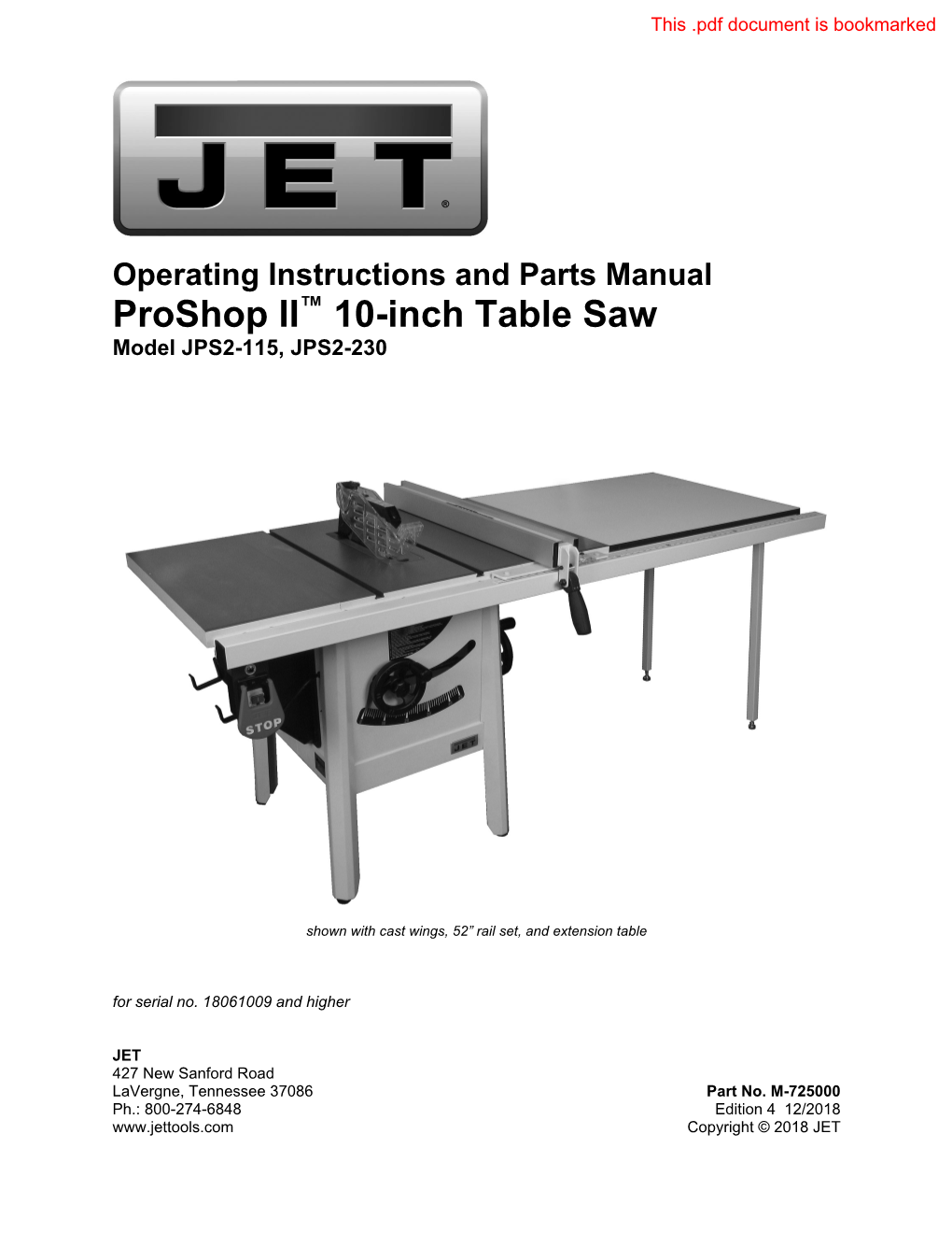 Proshop II™ 10-Inch Table Saw Model JPS2-115, JPS2-230
