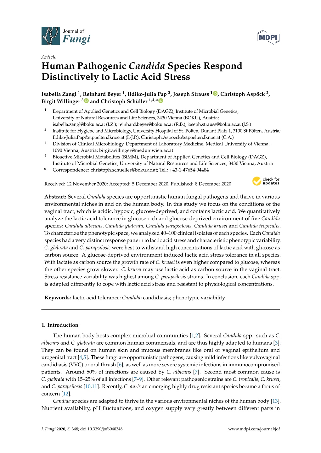 Human Pathogenic Candida Species Respond Distinctively to Lactic Acid Stress