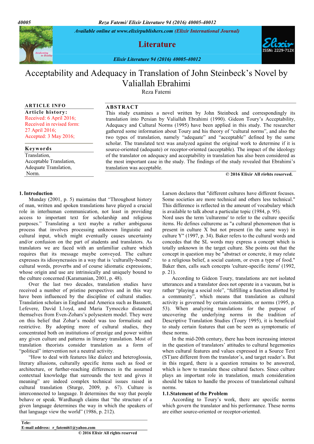 Acceptability and Adequacy in Translation of John Steinbeck's Novel by Valiallah Ebrahimi