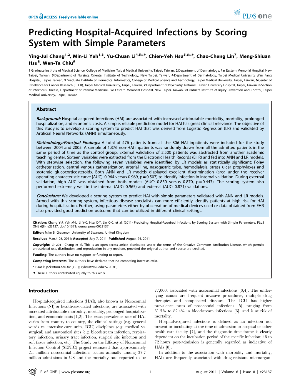 Predicting Hospital-Acquired Infections by Scoring System with Simple Parameters