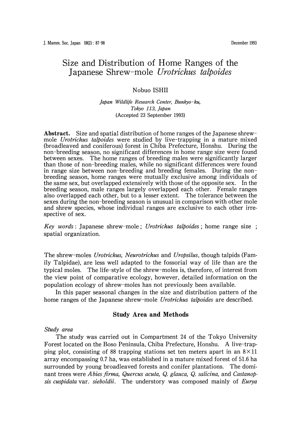 Size and Distribution of Home Ranges of the Japanese Shrew-Mole Urotrichus Talpoides