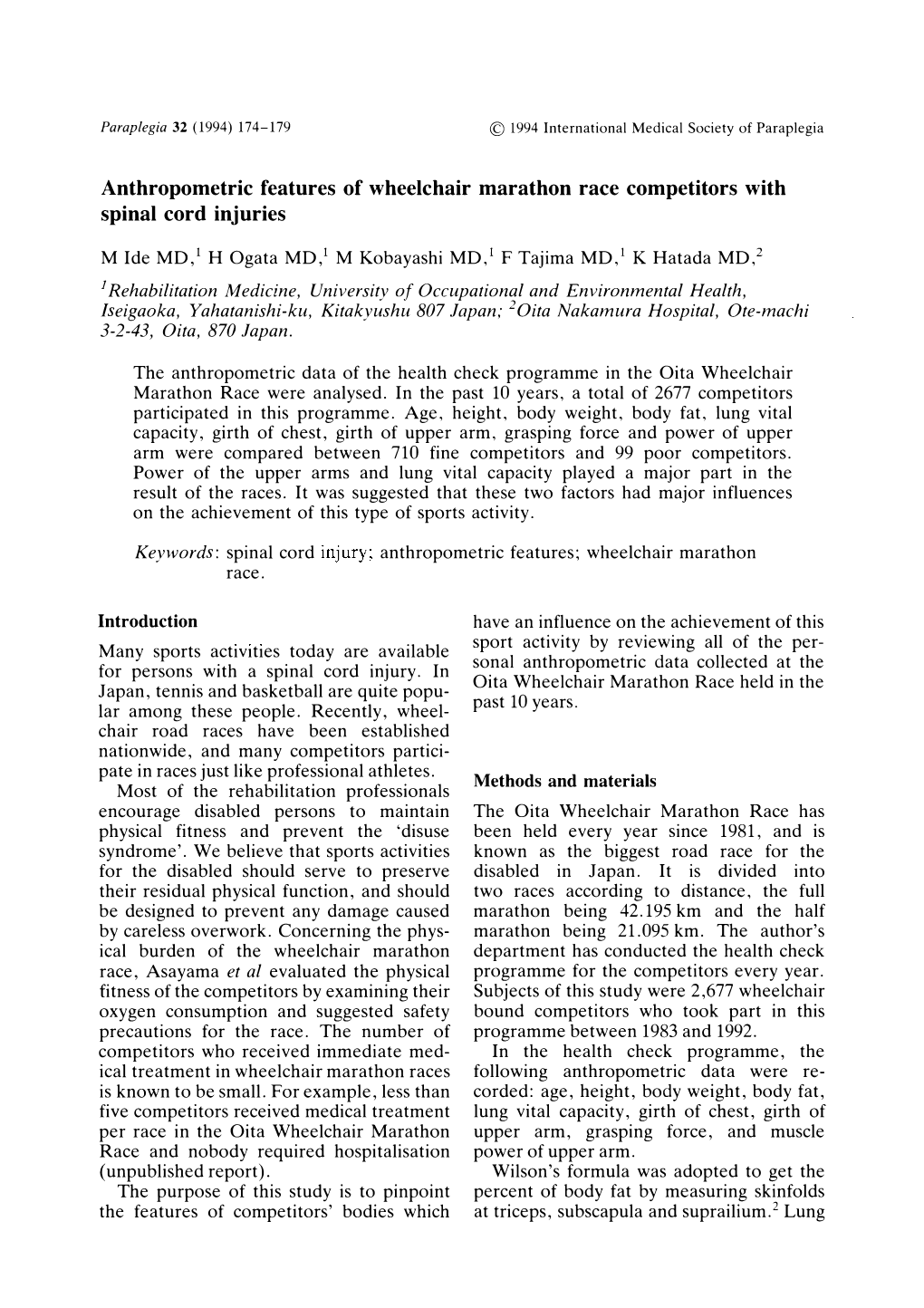 Anthropometric Features of Wheelchair Marathon Race Competitors with Spinal Cord Injuries