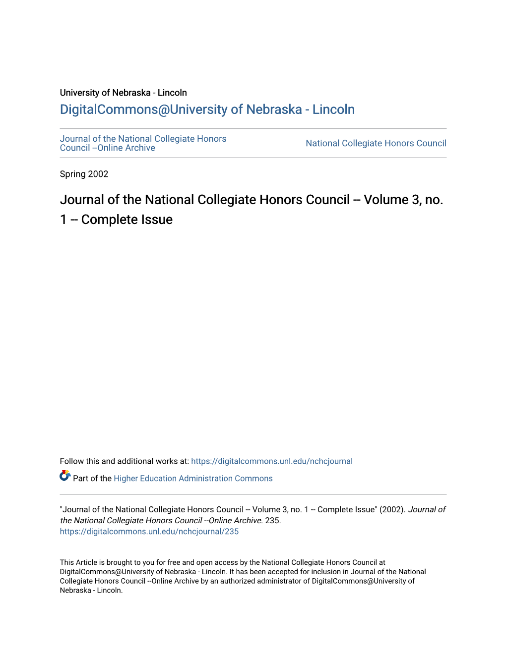 Journal of the National Collegiate Honors Council --Online Archive National Collegiate Honors Council