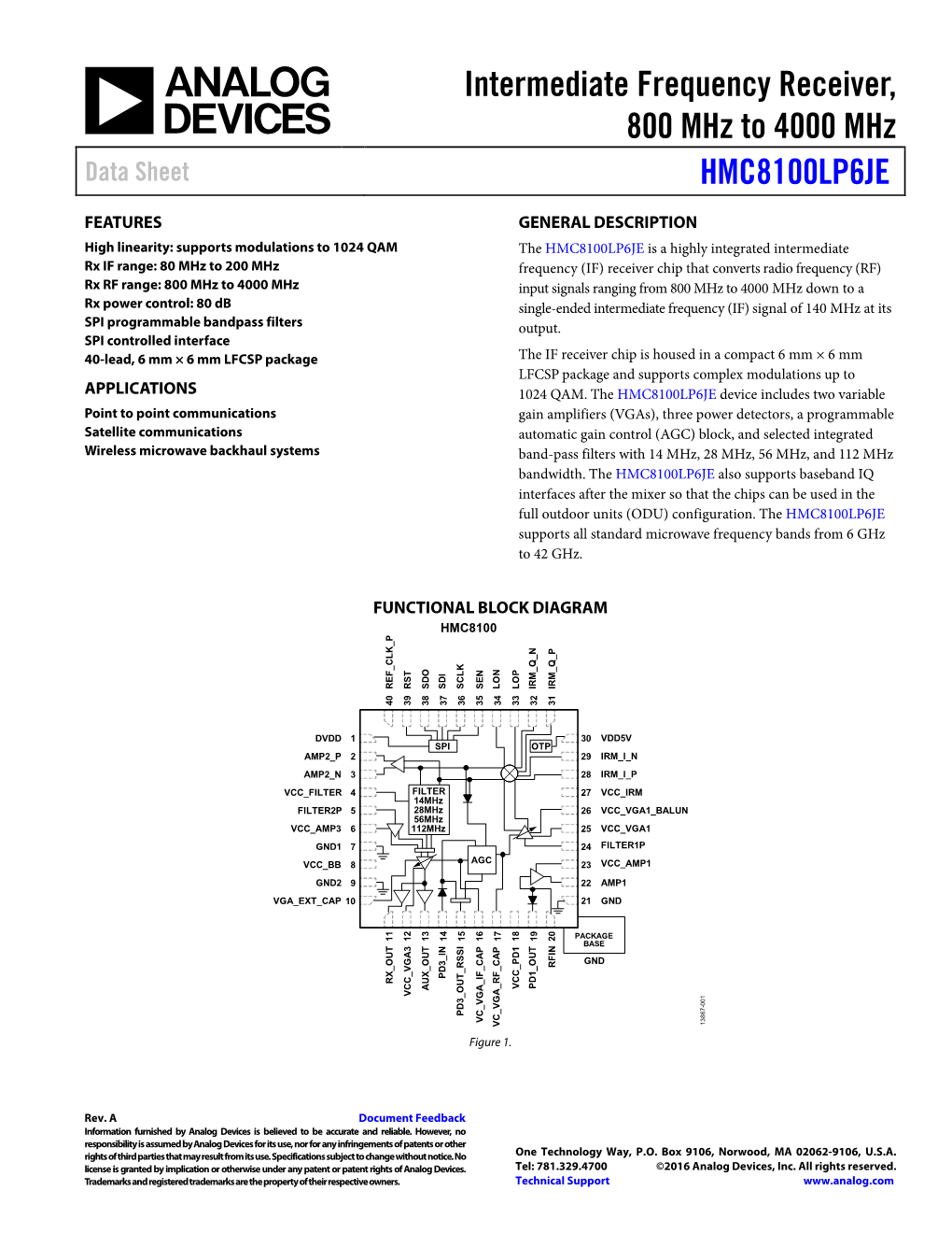 Intermediate Frequency Receiver, 800 Mhz to 4000 Mhz Data Sheet HMC8100LP6JE