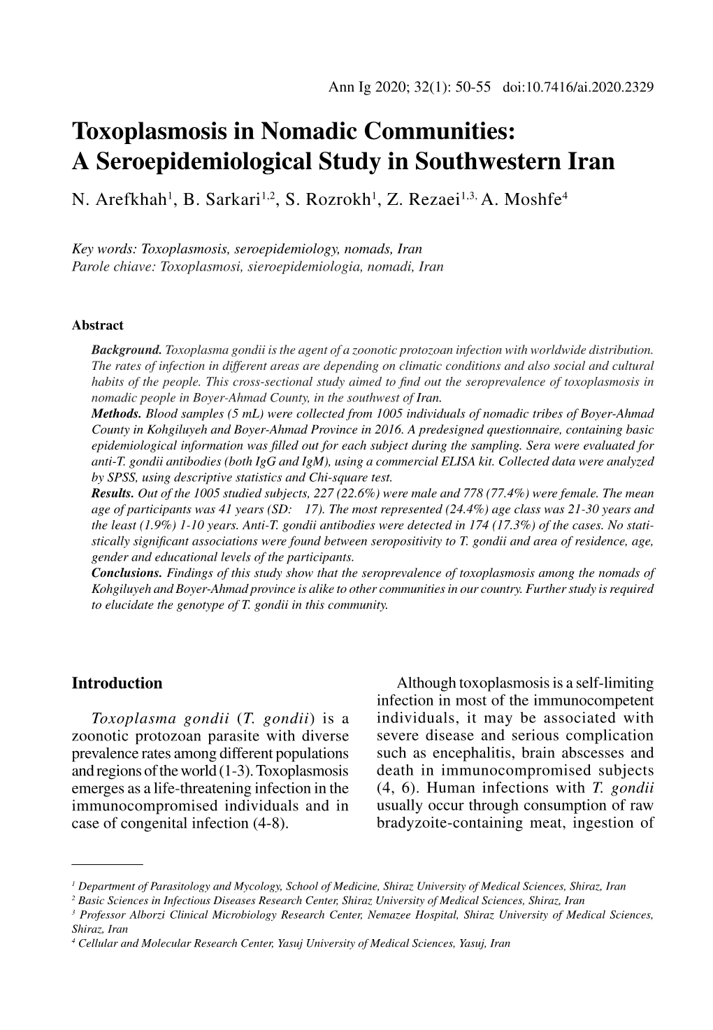 Toxoplasmosis in Nomadic Communities: a Seroepidemiological Study in Southwestern Iran N