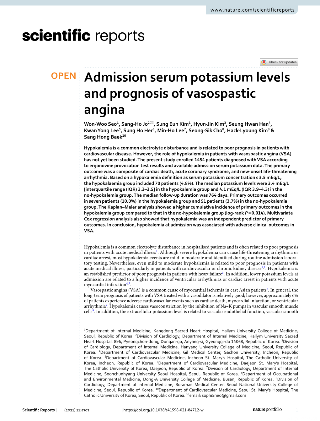 Admission Serum Potassium Levels and Prognosis of Vasospastic Angina