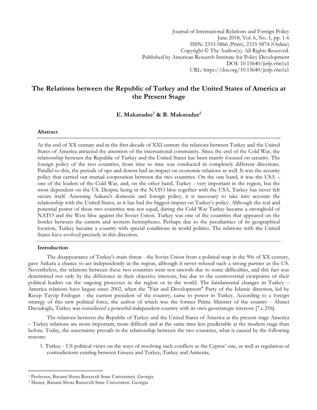 The Relations Between the Republic of Turkey and the United States of America at the Present Stage