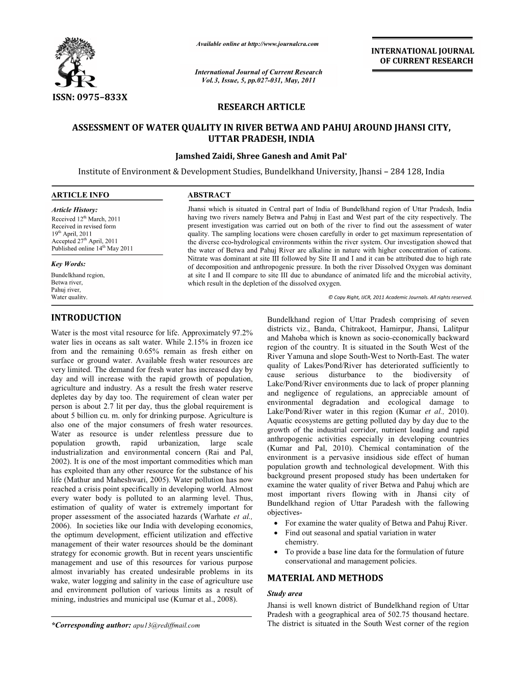 Research Article Assessment of Water Quality in River