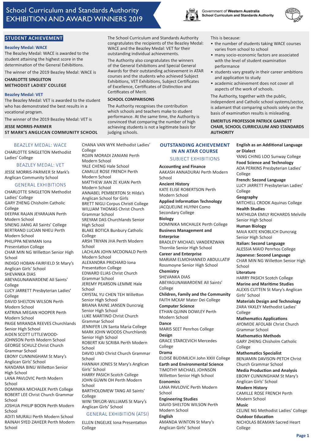 School Curriculum and Standards Authority EXHIBITION and AWARD WINNERS 2019