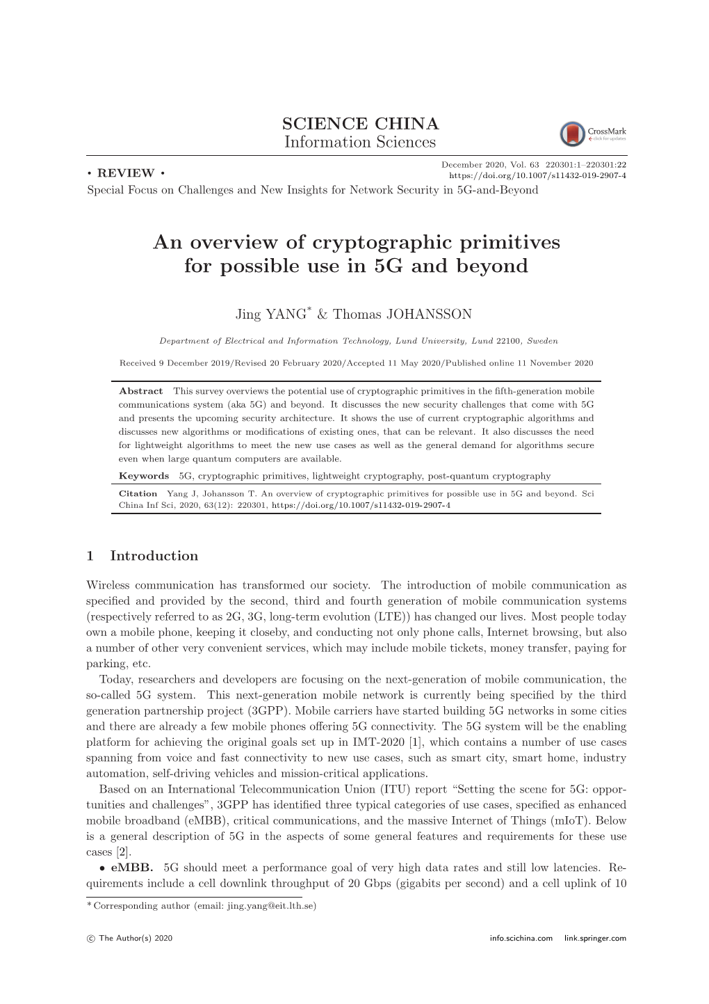 An Overview of Cryptographic Primitives for Possible Use in 5G and Beyond