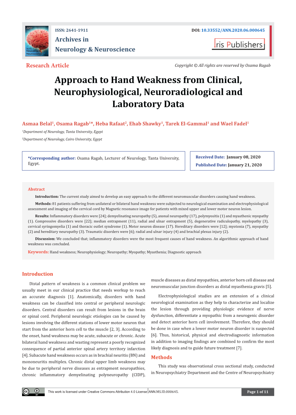 Approach to Hand Weakness from Clinical, Neurophysiological, Neuroradiological and Laboratory Data