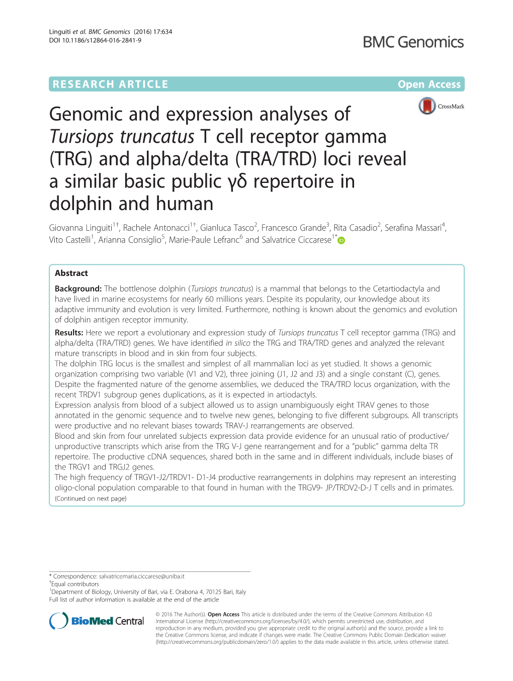 Genomic and Expression Analyses of Tursiops Truncatus T Cell Receptor