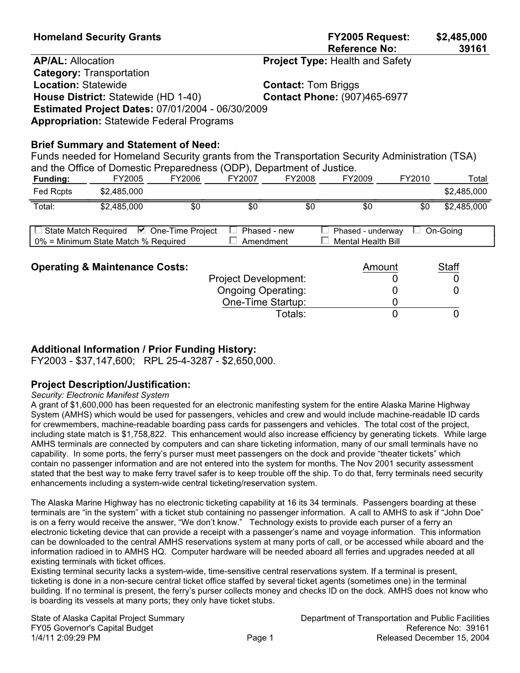 Homeland Security Grants FY2005 Request