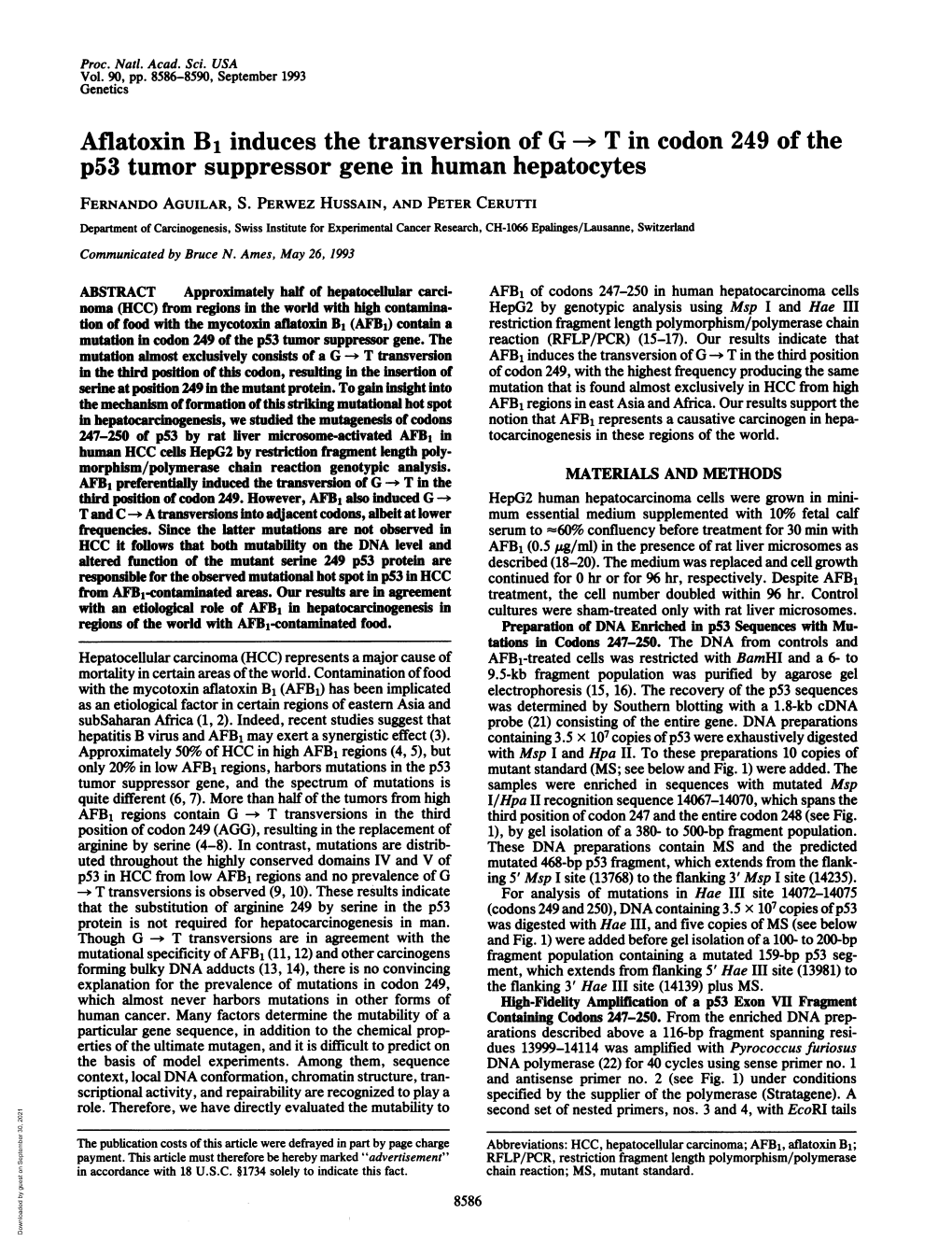 Aflatoxin B1 Induces the Transversion of G -- T in Codon 249 of the P53 Tumor Suppressor Gene in Human Hepatocytes FERNANDO AGUILAR, S