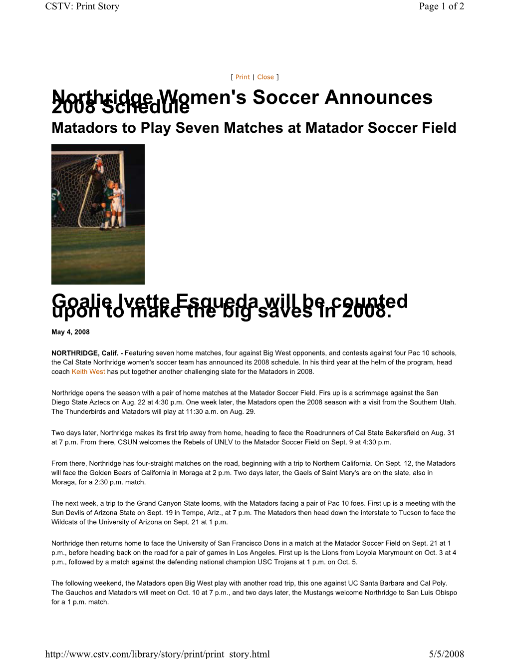 Northridge Women's Soccer Announces 2008 Schedule