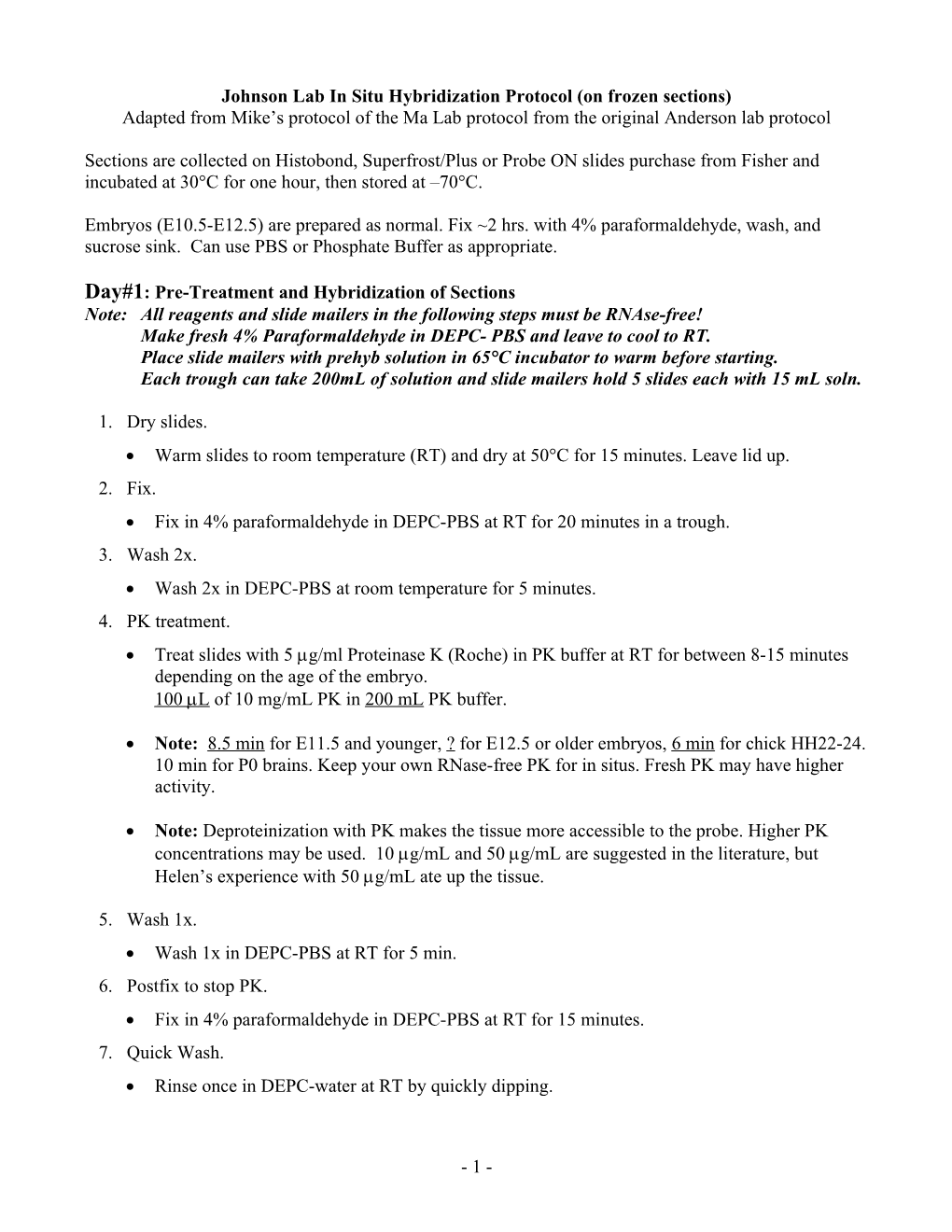 Johnson Lab in Situ Hybridization Protocol (On Frozen Sections)
