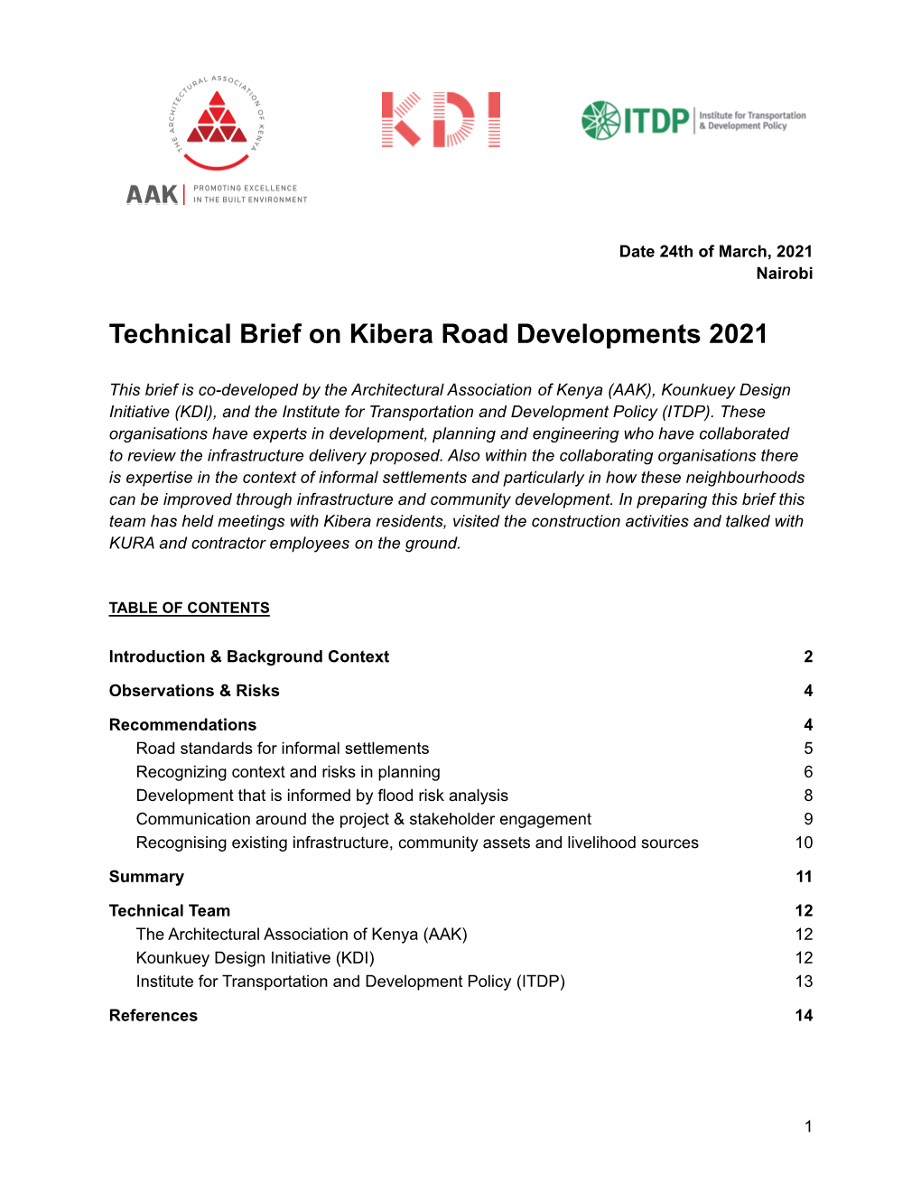 Technical Brief on Kibera Road Developments 2021 Apr, 2021