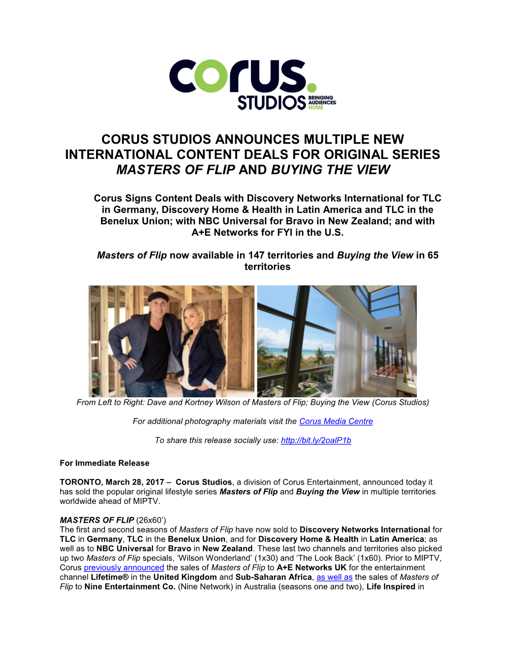 Corus Studios Announces Multiple New International Content Deals for Original Series Masters of Flip and Buying the View