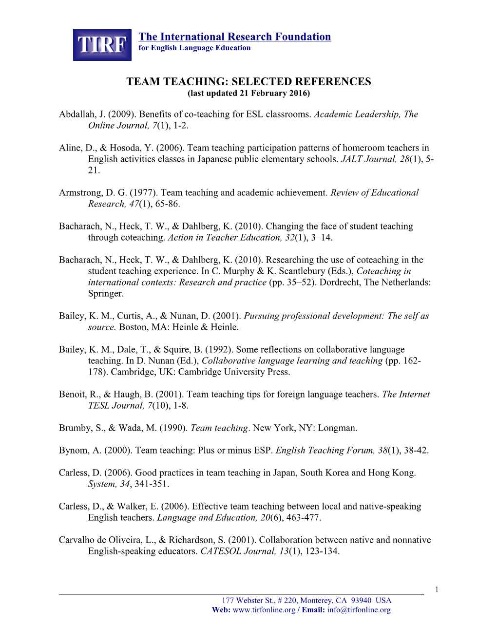 Team Teaching Reference List